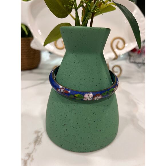 Vintage Cloisonné Enamel Bangle Bracelet – Blue Floral Chinese Style Jewelry - Picture 1 of 8